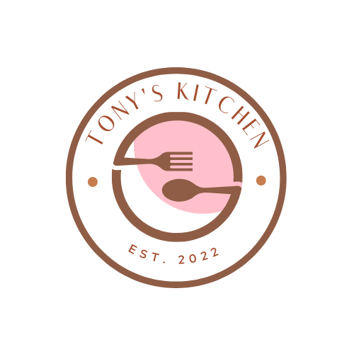 Tony's Kitchen Logo - Fork, Spoon, and Pink Circle Design